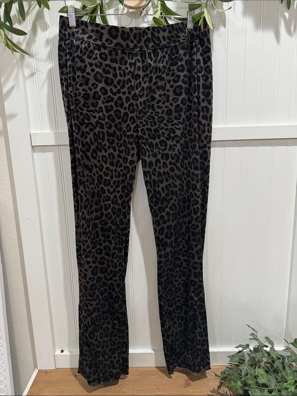 #191 PAM & GELA Olive and Black Leopard Velour Flare Pants L